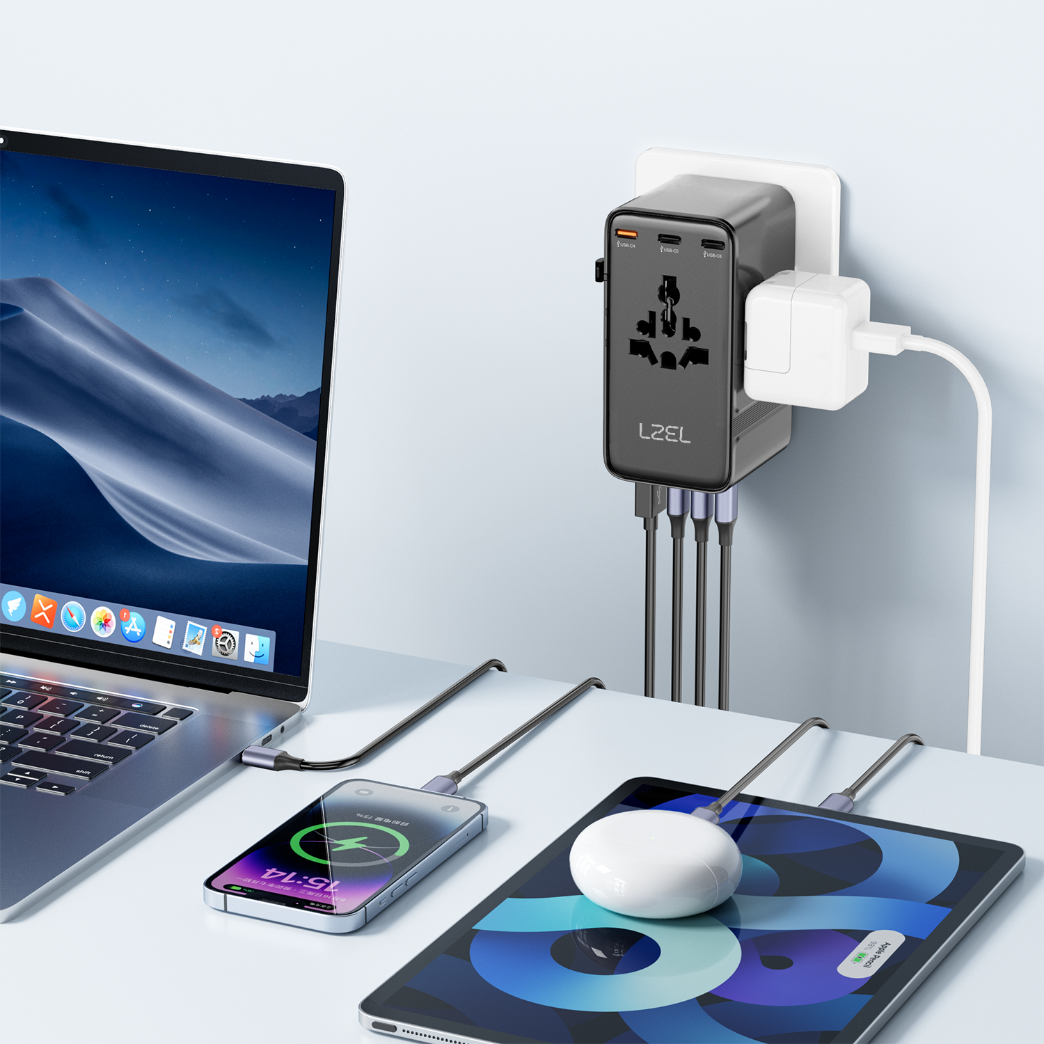 محول سفر سريع Voyage Globepowers من ليزل بقوة 205 واط بتقنية GaN III و PD | أسود محول سفر سريع Voyage Globepowers من ليزل بقوة 205 واط بتقنية GaN III و PD | أسود